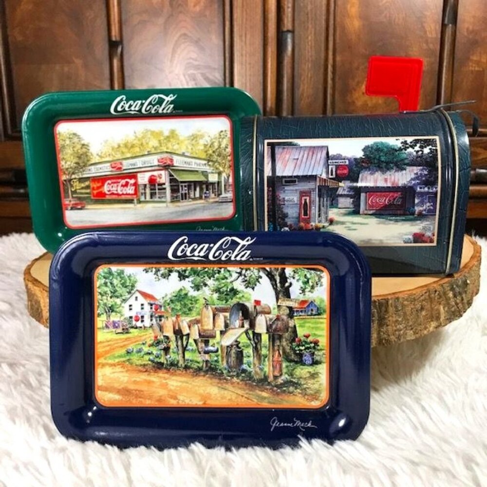 Set of 3 Vintage Coca-Cola Mailbox Tin + 2 Jeanne Mack Artwork Mailbox Tin Trays